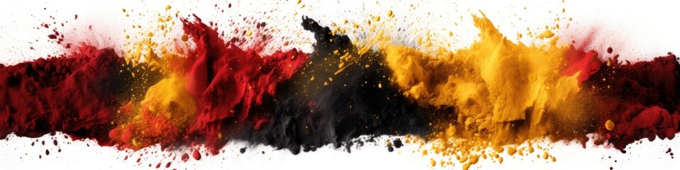 Black Red Gold Colorful Explosion. German Flag Holi Powder Celebration on White Background.