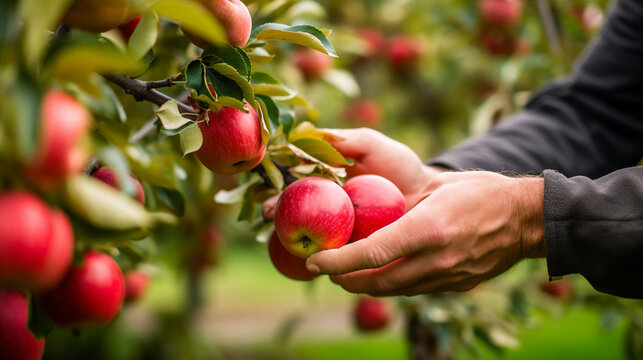A farmers hand touching and inspect the quality of red apple branch full of apples before plucking the harvest 