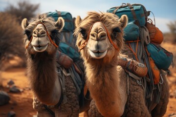 Obraz premium Two rugged arabian camels traverse the sandy desert terrain, their sturdy backpacks a symbol of their outdoor survival skills and enduring spirit