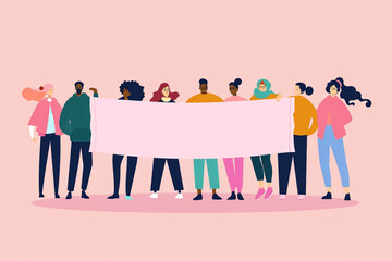 A diverse group of people holding a banner for cancer support and awareness, World Cancer Day, flat illustration