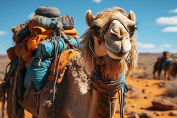 In the vast desert, an adventurous arabian camel treks with a backpack on its back, gazing up at the endless sky - obrazy, fototapety, plakaty
