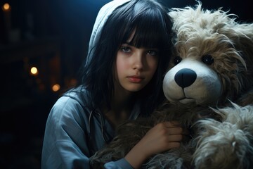 A young girl cuddles her beloved stuffed dog, its soft fur blending with her own as they relax together indoors, both wearing matching contented smiles