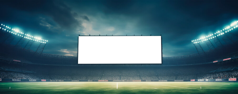 Impressive stadium with massive blank mockup scoreboard screen under spectacular evening lighting and empty stands ready for event branding. Sports event demo. Large scale advertisement of the stadium