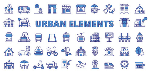 Urban icons in line design blue. City, country, town, infrastructure, travel, shop, tourism, map isolated on white background vector. Urban city editable stroke icon.