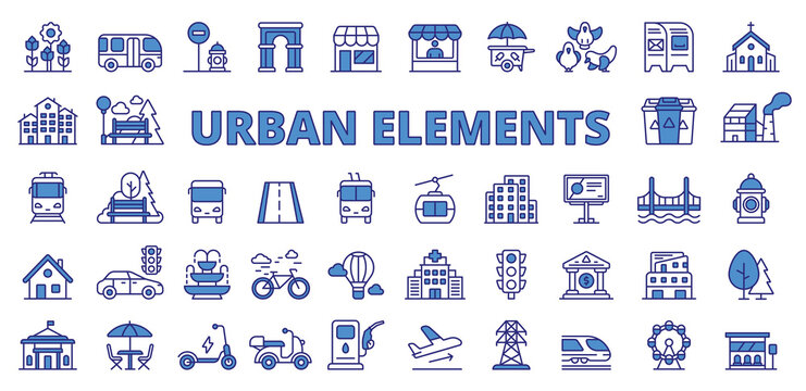 Urban icons in line design blue. City, country, town, infrastructure, travel, shop, tourism, map isolated on white background vector. Urban city editable stroke icon.