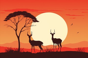 Serenity of african savanna. a captivating sunset reflecting diverse wildlife in its natural habitat