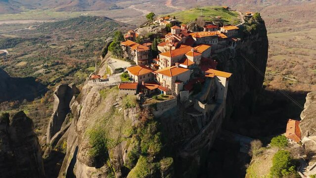 Meteora Greece monastery on the rocks, Aerial drone shot view in 4K