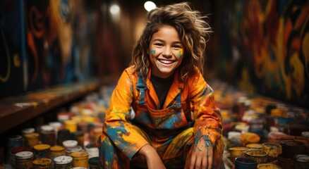A woman's joyful smile shines through the paint on her face as she proudly poses in her vibrant orange and blue overalls, embodying the perfect fusion of human and art in this stunning indoor portrai