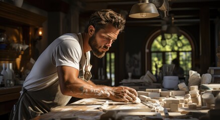 A skilled artisan in a rustic kitchen prepares a ceramic masterpiece on a wooden table, showcasing the beauty of handcrafted work
