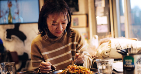Japanese woman, happy and healthy food in restaurant for dinner, nutrition and thanks bow eat meal...