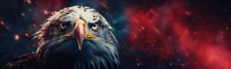 Fototapeta premium Majestic American Bald Eagle graphic banner with copy space. Close-up intense face portrait the national bird of the United States.