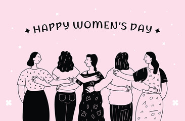 Hand-drawn hugging women. A symbol of unity, support, and trust. Postcard design for March 8th.