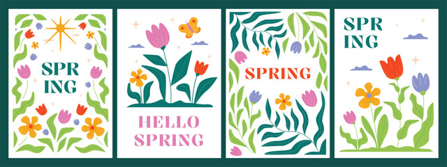 A collection of spring posters with blooming flowers and wavy of foliage. Bright minimalistic hand-drawn artwork.