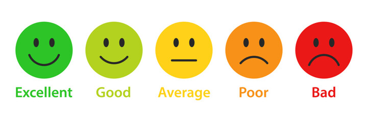 Rating emojis set in different colors. Feedback emoticons collection. Excellent, good, average, poor, bad emoji icons. Flat icon set of rating and feedback emojis icons in various colors.