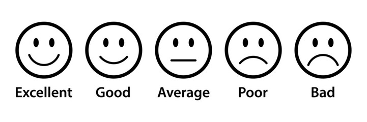 Rating emojis set in black with outline. Feedback emoticons collection. Excellent, good, average, poor and bad emojis. Flat icon set of rating and feedback emojis icons in black with outline.