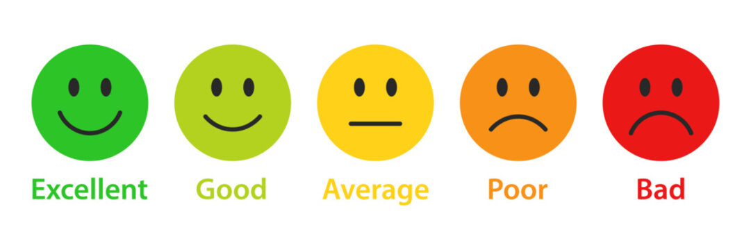 Naklejki Rating emojis set in different colors. Feedback emoticons collection. Excellent, good, average, poor, bad emoji icons. Flat icon set of rating and feedback emojis icons in various colors.