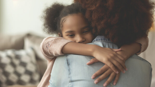 Concept pour la f&ecirc;te des m&egrave;res : Un m&egrave;re et sa fille partageant une &eacute;treinte affectueuse &agrave; la maison