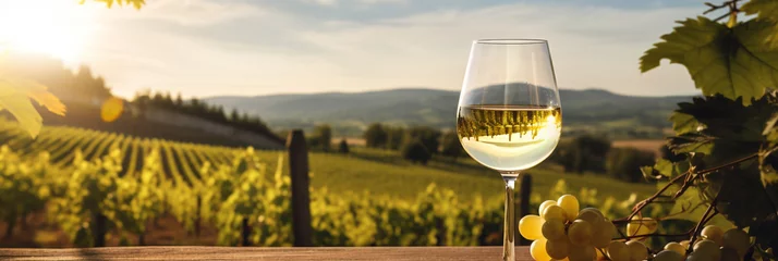 Fototapeten Wine glass with pouring white wine and vineyard landscape on a sunny day © Alicia