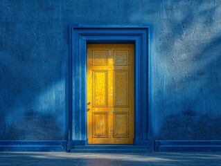 A bright yellow door stands out against a blue wall, inviting one to enter and discover the hidden beauty within this building