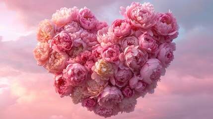 Heart-Shaped Pink Peonies in the Sky - Gentle Romance and Airy Lightness, Valentine's Day Concept
