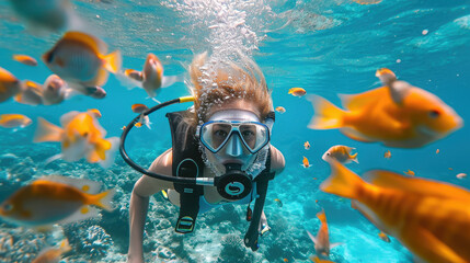 woman in a mask diving underwater, snorkeling, ocean, swimming, coral reef, sea, blue water, beauty, fish, dive, summer, sport, vacation, active