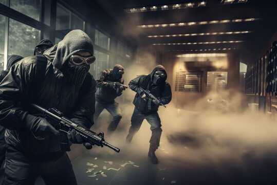 Masked robbers, armed and dangerous, storm a bank with weapons drawn, creating a scene of high-stakes criminal intrusion.Generated image