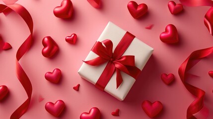 Playful Red Hearts and White Gift Box - Elegant Ribbon on Pink Background, Valentine's Day Concept