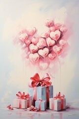 Playful Red Hearts and White Gift Box - Elegant Ribbon on Pink Background, Valentine's Day Concept