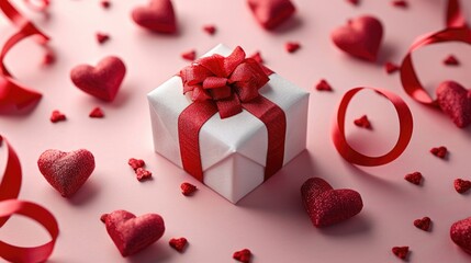 Playful Red Hearts and White Gift Box - Elegant Ribbon on Pink Background, Valentine's Day Concept