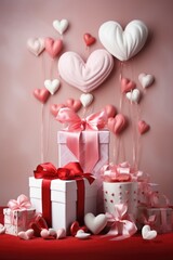 Fototapeta na wymiar Playful Red Hearts and White Gift Box - Elegant Ribbon on Pink Background, Valentine's Day Concept
