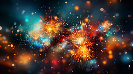 Realistic colorful fireworks on blue abstract background. Diwali is the festival of lights, BY AI. - obrazy, fototapety, plakaty