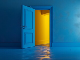 The majestic majorelle blue door stands out against the vibrant yellow wall, beckoning you to enter and discover the secrets within