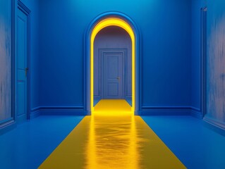 A stunningly symmetrical indoor space with a majorelle blue door leading to a bright and vibrant yellow floor, basking in the warm light that fills the building