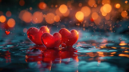 Hearts Afloat in Atmospheric Glow - Reflective Surface and Dark Background, Valentine's Day Concept