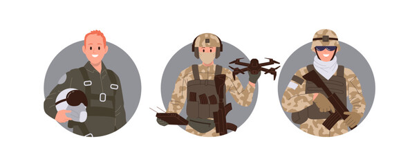 Isolated round icon composition with infantryman, air force pilot and soldier drone operator © Iryna Petrenko