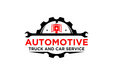 Fototapeta na wymiar Automotive industry logo with piston gear and wrench elements, workshop garage illustration.