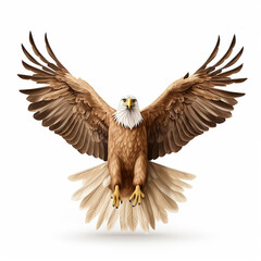 A single Saudi Arabian Eagle is flying isolated on a white background in the top view - obrazy, fototapety, plakaty