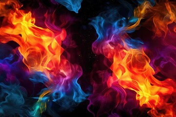Fototapeta premium Tongues of colourful fire on clear black background, colourful flames and sparks background design 
