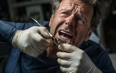 In a dental moment of discomfort, a man bravely faces the extraction of a painful tooth with a wince of anxiety.Generated image - obrazy, fototapety, plakaty