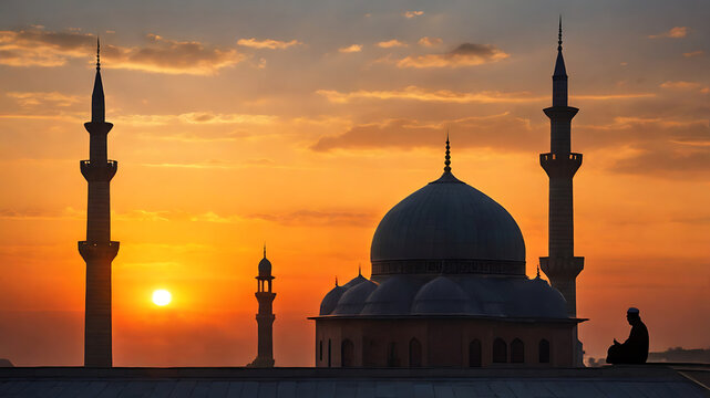 Man sitting outside mosque/masjid  praying and making dua at sunset sunrise photo