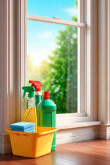 Different cleaning supplies over window background.