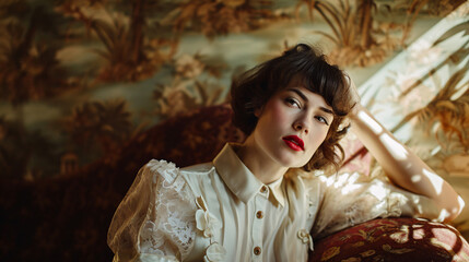 vintage-inspired fashion shoot, showcasing a brunette model adorned in retro attire