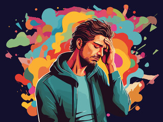 Naklejka na ściany i meble vector illustration of a man holding his head with a colorful background, generative ai.