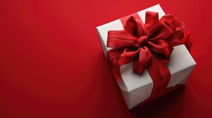 Glossy White Gift Box - Red Ribbon and Soft Shadow, Valentine's Day Concept