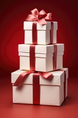 Minimalist White Gift Boxes - Shiny Red Ribbons on Red Background, Valentine's Day Concept