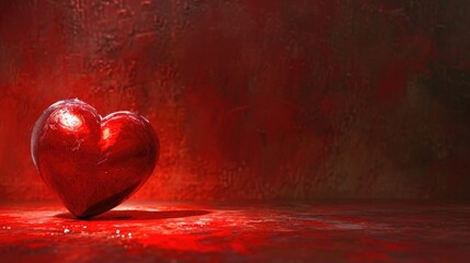 Glossy Red Heart on Textured Backdrop - Simplicity and Symmetry in Soft Illumination, Valentine's Day Concept
