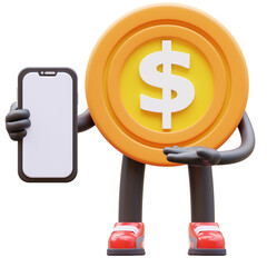 3D money coin Character Presenting Blank Smartphone Screen