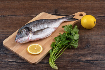 Raw dorado fish on a cutting board with lemon and a bunch of cilantro.