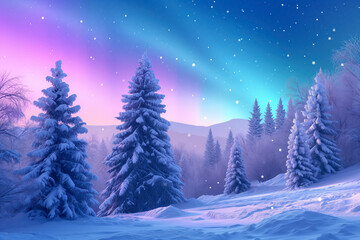 A mesmerizing view of a snowy landscape under a starlit sky with aurora borealis illuminating the serene and tranquil winter night