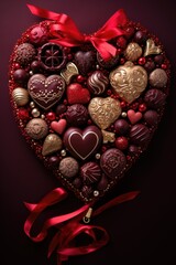 Obraz na płótnie Canvas Abundant Heart-Shaped Chocolates - Festive Indulgence on Rich Red Background, Valentine's Day Concept